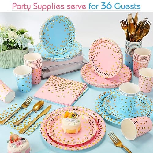 Tegeme 256 Pcs Pink and Blue Gender Reveal Party Supplies Disposable Paper Plate Napkin Cup Gold Dot Plastic Tablecloth Fork Knives Spoon Serve 36 Guest for Easter Baby Shower Birthday Decoration - Pink, Blue, Gold - Gold Dot thumbnail 2