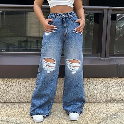 Ripped Jeans Womens, Wide Leg Jeans Woman Baggy High Waisted Trendy Bootcut Stretchy Plus Size Distressed Denim Pants thumbnail 2
