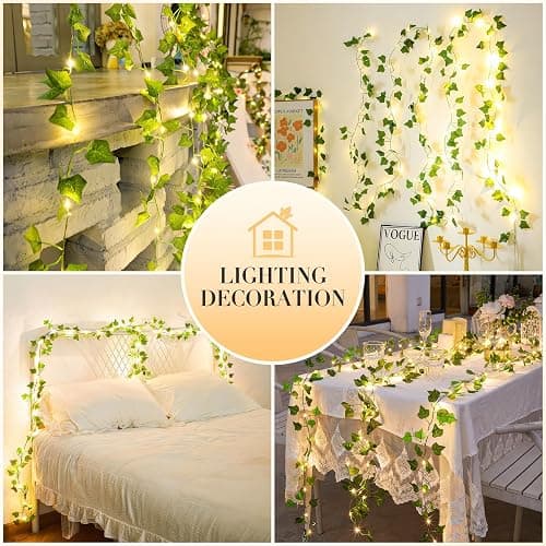 KASZOO 10M 100 LED Vines with Fairy Lights - Ivy Fairy Lights with Remote, Fake Vines Battery/USB Operated, Artificial Ivy Garland for Home Kitchen Garden Office Wedding Wall Decor (Warm White) thumbnail 3