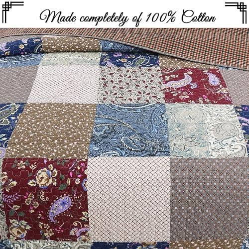 Cozy Line Home Fashions 100% Cotton Hand Piecing Real Patchwork Brown Floral Reversible Quilt Bedding Set Coverlet Bedspread for All Seasons (Red Navy, Queen - 3 Piece) thumbnail 4