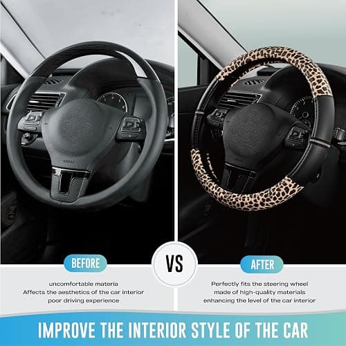 Road Comforts Leopard Steering Wheel Cover - Made with PVC Leather Cheetah Print - Anti-Slip, Universal Fit 14 1/2 inches to 15 inches - Black thumbnail 3