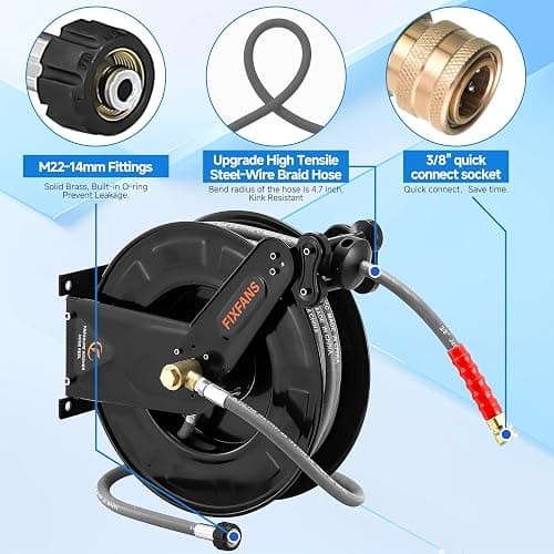 FIXFANS Pressure Washer Hose Reel with Hose for Hot and Cold Water, 3/8" X 50 FT Steel Auto-Retractable High Power Wash Hose Reel, Heavy Duty Hose Reel - Wire Braided Hose 4000 PSI, Black thumbnail 4