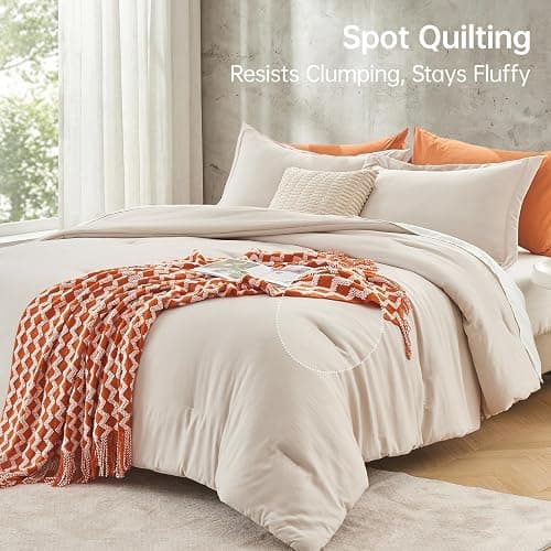 MUXHOMO Beige Full Comforter Sets, All Season Ultra Soft Down Alternative Bedding - 3 Piece Lightweight Bed Set Includes 1 Comforter (82"x86") and 2 Pillow Shams (20"x26") thumbnail 5