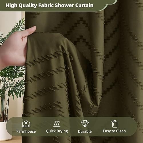 Siiluminisoy Long Shower Curtain Olive Green Boho Shower Curtain with Tassel for Bathroom, 72 x 78 Woven Fabric Modern Textured Tufted Chevron Striped, Machine Washable thumbnail 8