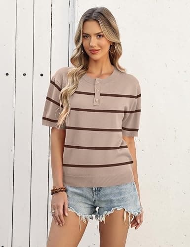 AKEWEI Sweaters for Women Crew Neck Short Sleeve Tops Knit Button Down Shirts Pullover Sweater thumbnail 3