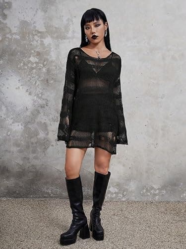 Verdusa Women's See Through Round Neck Drop Shoulder Sweater Long Flare Sleeve Knit Top thumbnail 5