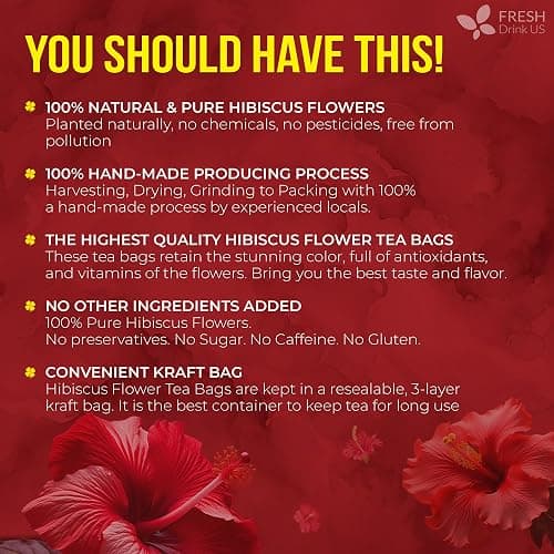 FreshDrinkUS, Premium 140 Hibiscus Flowers Tea Bags, 100% Natural, Handmade & Pure from Hibiscus Flowers. No Sugar/Caffeine/Gluten, Vegan. Tart & Refreshing, Hot or Ice Tea, Great For All Seasons thumbnail 5