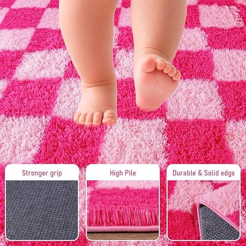 KOGSA 6x9 Fluffy Fuzzy Area Rug for Living Room Bedroom, Hot Pink Checkered | Ultra Soft Large Living Room Rugs, Non Slip Thick Shag Rug for Dorm, Kids Girls Boys Rug for Home Decor Aesthetic thumbnail 4