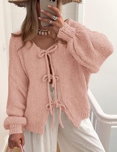 PRETTYGARDEN Women's Tie Front Bow Cardigan Sweaters Chunky Knit Long Puff Sleeve Trendy Fall Winter Jacket Coats thumbnail 8