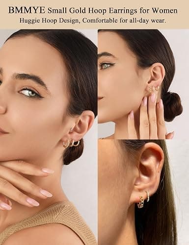 BMMYE Gold Huggie Hoop Earrings for Women Hypoallergenic 14K Gold Plated Mini Hoops Earrings Set for Multiple Piercing Lightweight Small Hoop Earrings Stack Jewelry for Gifts thumbnail 4
