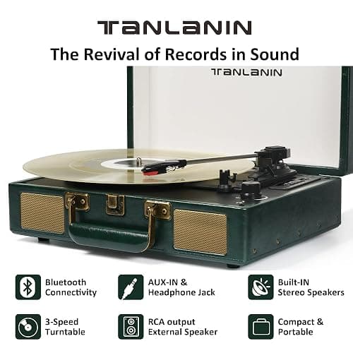 Vintage 3-Speed Bluetooth Portable USB Suitcase Record Player with Built-in Speakers | Upgraded Vinyl Turntable Audio Sound| Includes Extra Stylus & Mat | Green thumbnail 2