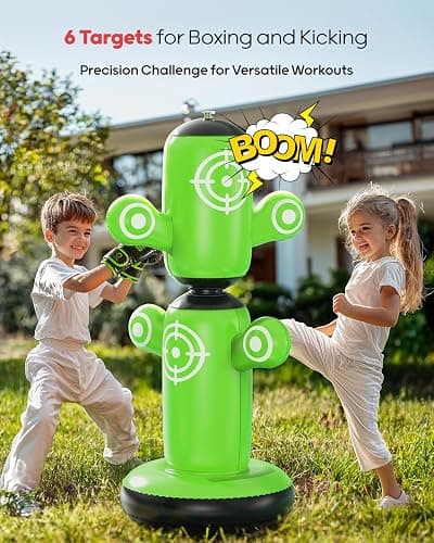 QPAU 360° Rotatable Punching Bag for Kids, Lager 64” Kids Punching Bag with Gloves, Hand Pump & 6 Targets, Bop Bag Inflatable Punching Toy, Karate Gifts for Boys, Girls thumbnail 3