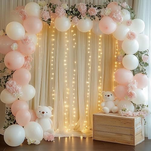 Fomcet Champagne Backdrop Curtains with Lights String 10X10FT Polyester Fabric & Tulle Curtains Backdrop Drapes for Back Drop Photoshoot Baby Shower Birthday Party Decor 2 Panels 5x10FT thumbnail 7