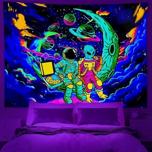 Sanzugh Funny Space Astronaut Alien Blacklight Tapestry UV Reactive Poster, Trippy Universe Black Light Art for Men Guys Room Bedroom Decor Cool Psychedelic Glow in the Dark Tapestries Wall Hanging thumbnail 4