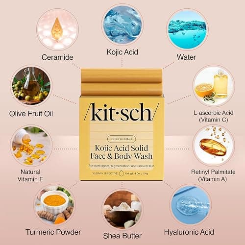 Kitsch Kojic Acid Soap – Turmeric Soap Bar with Hyaluronic Acid & Shea Butter – Brightening & Hydrating Body Wash & Face Wash for Dark Spots, Even Skin Tone & Natural Glow - Made in USA - 4 oz thumbnail 2