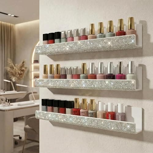 YMVV Nail Polish Wall Shelf - 15-Inch Diamond Crystal Display & Organizer Rack, Holds 60+ Polishes, Soft Ledge for Bedroom, Bathroom, Salon,6 Pack thumbnail 2