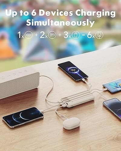 charmast Portable Charger with Built in Cables, Power Bank with Cords Wires, Slim 10000mAh Travel Battery Pack 6 Outputs 3 Inputs 3A Fast Charging for Samsung Google Pixel LG Moto iPhone iPad thumbnail 4