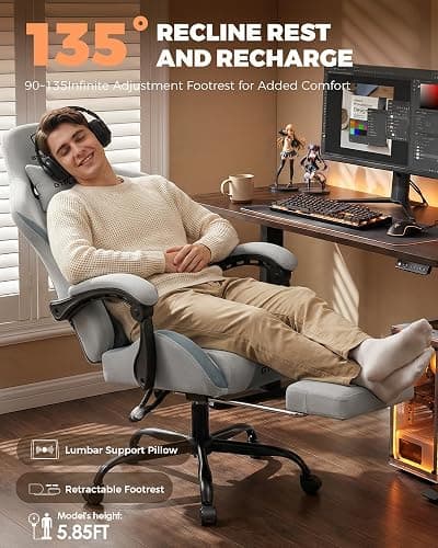 GTPLAYER Gaming Chair with Foot Rest & Pocket Spring Cushion, Ergonomic High Back Computer Desk Chair with Headrest & Lumbar Support for Back Pain Relief, Breathable Fabric, Mist-Blue thumbnail 5