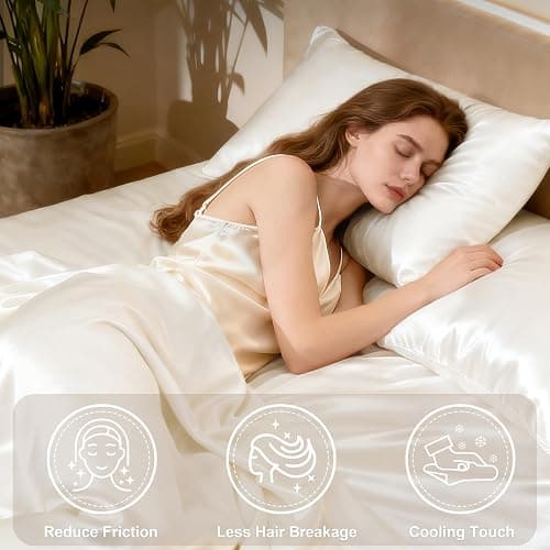 Love's cabin Full Size Satin Sheet Sets - 4 Piece Ivory Silky Sheet Set Full with Deep Pocket, Luxury Silk Feel Bed Sheets Full Bedding Set (1 Flat Sheet,1 Fitted Sheet,2 Pillow Cases) thumbnail 3