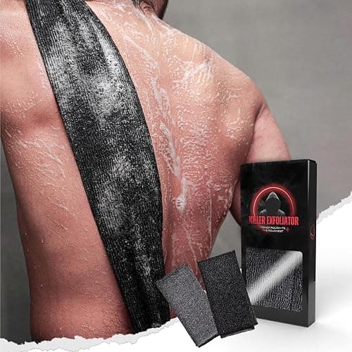 Extra Rough Exfoliating Washcloth-Extreme Body & Back Scrubber for Shower, Extra Long, Hygienic Rough Exfoliator, Men & Women, 2 Count Pack, Black & Grey, Killer Exfoliator - Image 1