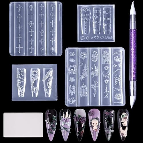 Laza 4pcs Gothic Silicone Nail Art Molds 3D Skull Rose Shaped Nail Molds | Reusable Nail Mold for Nail Art,Good Elasticity,3D Nail Mold, 3D Snake Bones Cross Collar Nail Accessories with Scraper & Pen - Image 1