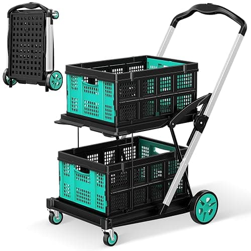 Collapsible Shopping Cart, 8-in-1 200LBS Multi Functional Utility Cart with 2 Storage Crate, Adjustable Handle Grocery Cart on Wheels for Shopping/Warehouse/Office/Supermarket - Blue - Image 1