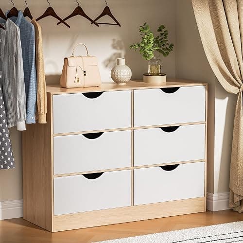 Housoul 6 Drawers Dresser for Bedroom with 6 Fabric PU Drawer, Black Dresser with Large Organizer, Closet Chest of 6 Drawers for Closet, Living Room, Hallway, Oak thumbnail 7