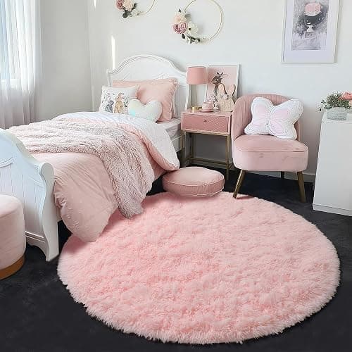 Pink Fluffy Round Rug 5Ft for Girls Bedroom Decor Aesthetic, Shaggy Circle Area Rugs for Kids Room Living Room, Cute Fuzzy Carpet for Nursery, Dorm, Classroom, Teen, Princess, Comfy Baby Playroom Rug thumbnail 9