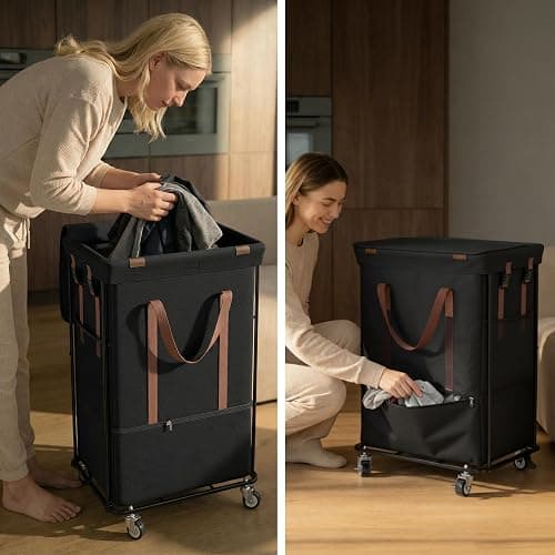 150L Rolling Laundry Basket with Wheels and 2 Removable Bags, Double Laundry Hamper with Lid, 2 Section Large Capacity for Laundry Bedroom Bathroom Dorm, Easy Move & Organize 19.7"x15.7"x31.9", Black thumbnail 4