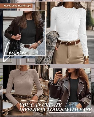 Ficerd 3 Pack Women's Ribbed Long Sleeve Tops, Crew Neck Slim Fit Undershirts Knit Basic Casual Stretch Layering Tee Shirts thumbnail 6