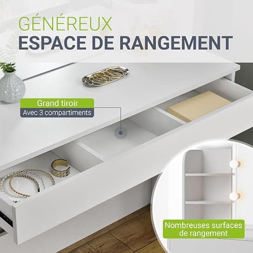 Juskys Coiffeuse Bella avec Miroir, éclairage LED, tiroir et 4 étagères, 108x40x140cm, Coiffeuse cosmétique Lumineux - Table de Maquillage pour Adulte et Enfant Fille - Blanc thumbnail 4