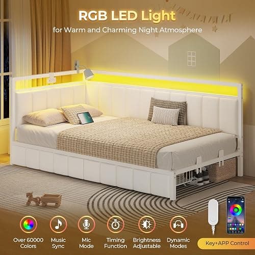 Hasuit Corner Bed Frame with Storage Drawers, Twin Daybed with Line Fabric Upholstered Fence, Kids Bed Unit with LED Light and Charging Station, Modern Bed Frame Twin Size, Beige thumbnail 5