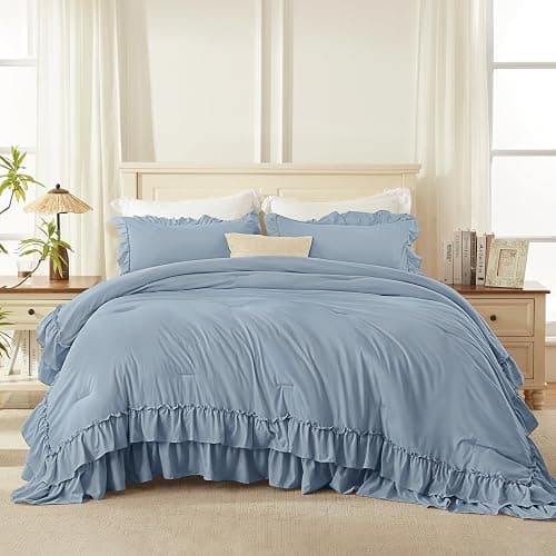 Andency Grayish Blue Comforter Set King Size, 3 Pieces Fluffy Shabby Chic Ruffle Comforter Set for Men, Women, Adults, Soft Lightweight All Season Polyester Bed Sets(104x90Inch) thumbnail 4