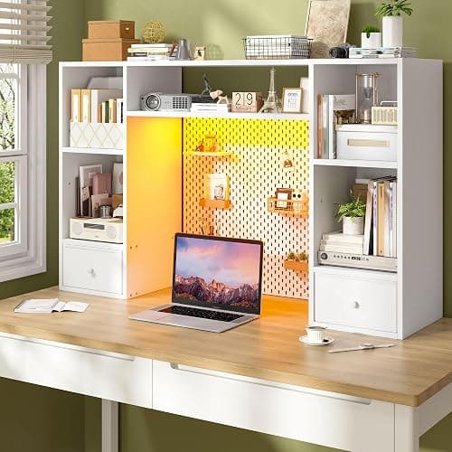 REIBII Desktop Bookshelf with LED Lights,47.2" Desktop Organizer with 6 Shelves and 2 Drawers for Top of Desk,Multipurpose Desk Hutch Dorm with Adjustable Shelves for Home and Office,White thumbnail 9