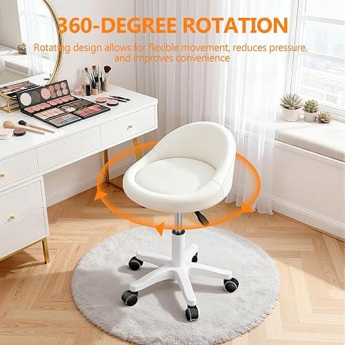 Faux Leather Round Rolling Stool Height Adjustable Swivel Salon Chair with Wheels for SPA Home Office, Ergonomic Plastic Frame Quiet Castors Beige thumbnail 5
