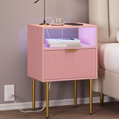 JOONEE Modern Nightstand with Charging Station and LED Lights, White Bedside Table with Drawer, Fluted Side Table for Living Room, Bedroom thumbnail 8