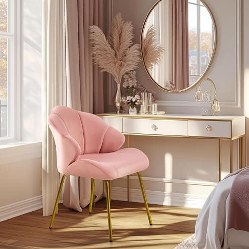 Yaheetech Velvet Armchair, Accent Tub Chair with Metal Legs, Cute Vanity Chair with Shell Shaped Backrest for Living Room/Bedroom/Makeup/Office, Pink thumbnail 2