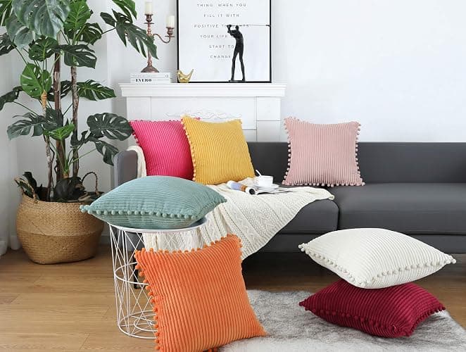 sykting Hot Pink Throw Pillow Covers 18x18 inch Soft Striped Boho Farmhouse Decorative Pillow Covers with Pom Poms for Couch Sofa Bed Chair Outdoor Pack of 2 thumbnail 7