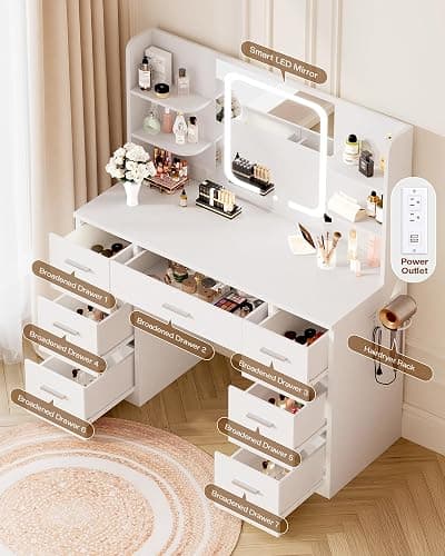 LIVELYGLOW 43" Large White Makeup Vanity Desk with Charging Station | Smart LED Mirror, Hairdryer Holder, 7 Drawers, 4 Shelves thumbnail 7