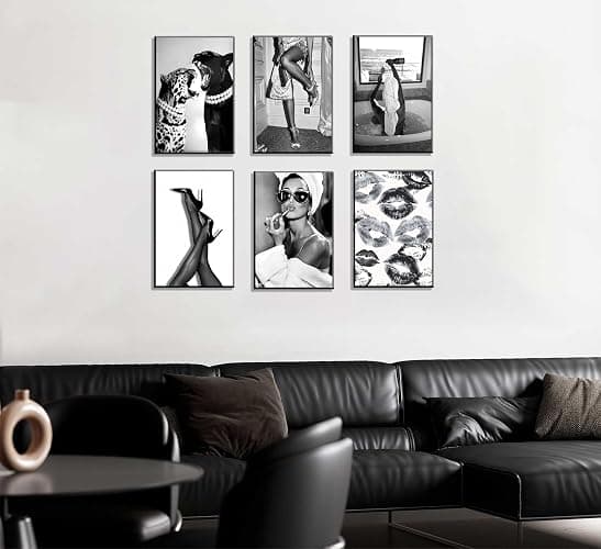 6pcs Trendy Black White Woman Wall Art Luxury Woman Drinking in Bathtub Wall Decor Fashion Cheetah Poster Print Heels Lips Pictures Paintings For Living Room Bedroom Dorm Apartment 8×10 In Unframed thumbnail 3