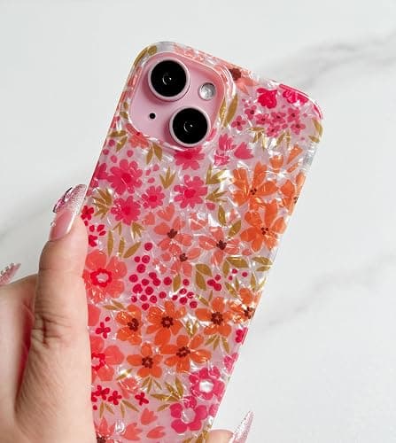Qokey Compatible for iPhone 15 Case 6.1 inch,Cute Clear Flowers Design for Women Shell Pattern Soft Bumper Lightweight Slim Fit TPU Shockproof Phone Cover for iPhone 15,Pink Floral thumbnail 5