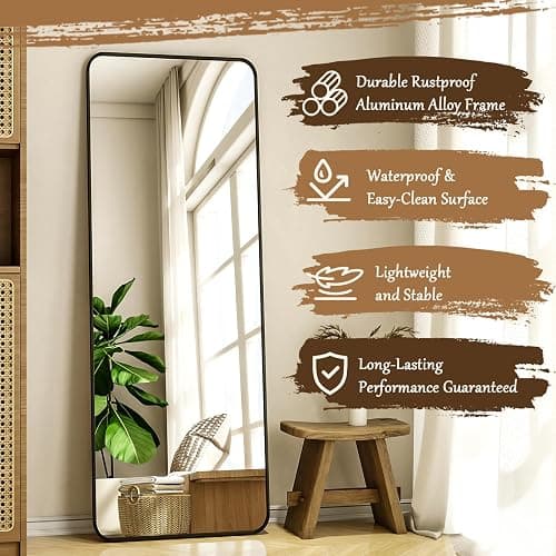 XRAMFY 56"x21" Floor Full Length Mirror Standing Full Body Rounded Corner Rectangle Mirrors with Stand Hanging Wall Mounted Leaning Bedroom Living Room Bedroom Cloakroom,Black thumbnail 5