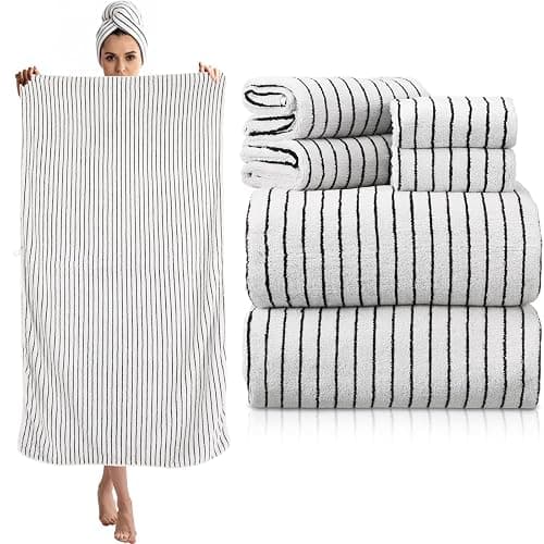 Hillsuren 6 Pcs Oversized Bath Towels for Adults 35x70 Inches Black & White Striped Extra Large Bath Towel Sets Bathroom Sheets Jumbo Shower Towels Quick Dry Absorbent Soft Microfiber for Women Men - Image 1