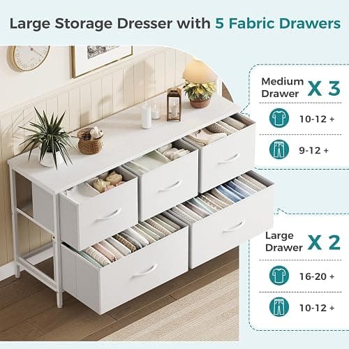 OLIXIS White Dresser for Bedroom, Wide Chest of Drawers for Clothes Storage | Fabric Bedroom Dresser with 5 Drawers, Storage Organizer Unit with Fabric Bins, Wooden Top, Living Room thumbnail 4