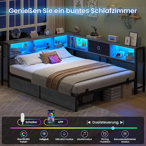DICTAC Jugendbett 140x200 mit LED-Beleuchtung und Ladestation, Schlafsofa 140 x 200 mit stauraum-6 Staufächern und 2 Schubladen, Tagesbett mit Lattenrost aus Metall, Eichenasche | LED-Beleuchtung thumbnail 4