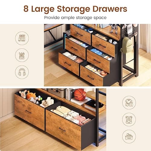 Itaar Twin Loft Bed with L-Shaped Desk and 8 Storage Drawers, Metal Kids Loft Bed Twin with Led Lights & Charging Sation, Hall Tree, Safety Guard & Ladder, No Box Spring Needed, Rustic Brown thumbnail 6