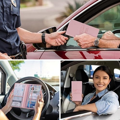 Peisicne Car Registration and Insurance Card Holder for Women Men, Pink Glove Box Paperwork Organizer with Magnetic Buckle for Easy Access and Protect Documents and Various Cards in Vehicle thumbnail 3