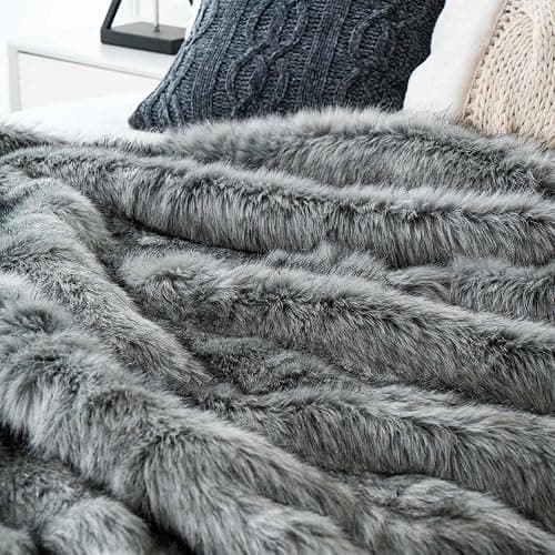 BATTILO HOME Silver Grey Faux Fur Throw Blanket for Couch, Bed, Fake Fur Blankets & Throws, Thick Warm Heavy Fluffy Fuzzy Elegant Furry Blanket Long Pile with Black Tips, 50"x60" thumbnail 5