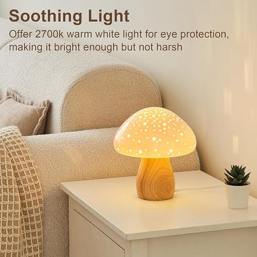 BOHON Mushroom Lamp, Ceramic Bedside Table Lamp for Bedroom Nightstand, Vintage Cute Night Light, Small Lamp for Living Room Kids Desk Home Decor Girls, LED Bulb Included, Pink thumbnail 8