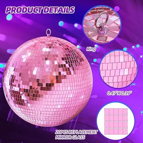 12" Mirror Disco Ball with Hanging Ring, 12 Inch Pink Disco Ball Decor with 20pcs Replacement Mirror for DJ Club, Party, Wedding, Home Decor, Live Stage for Easy Installation, Disco Ball Mirror Ball thumbnail 3